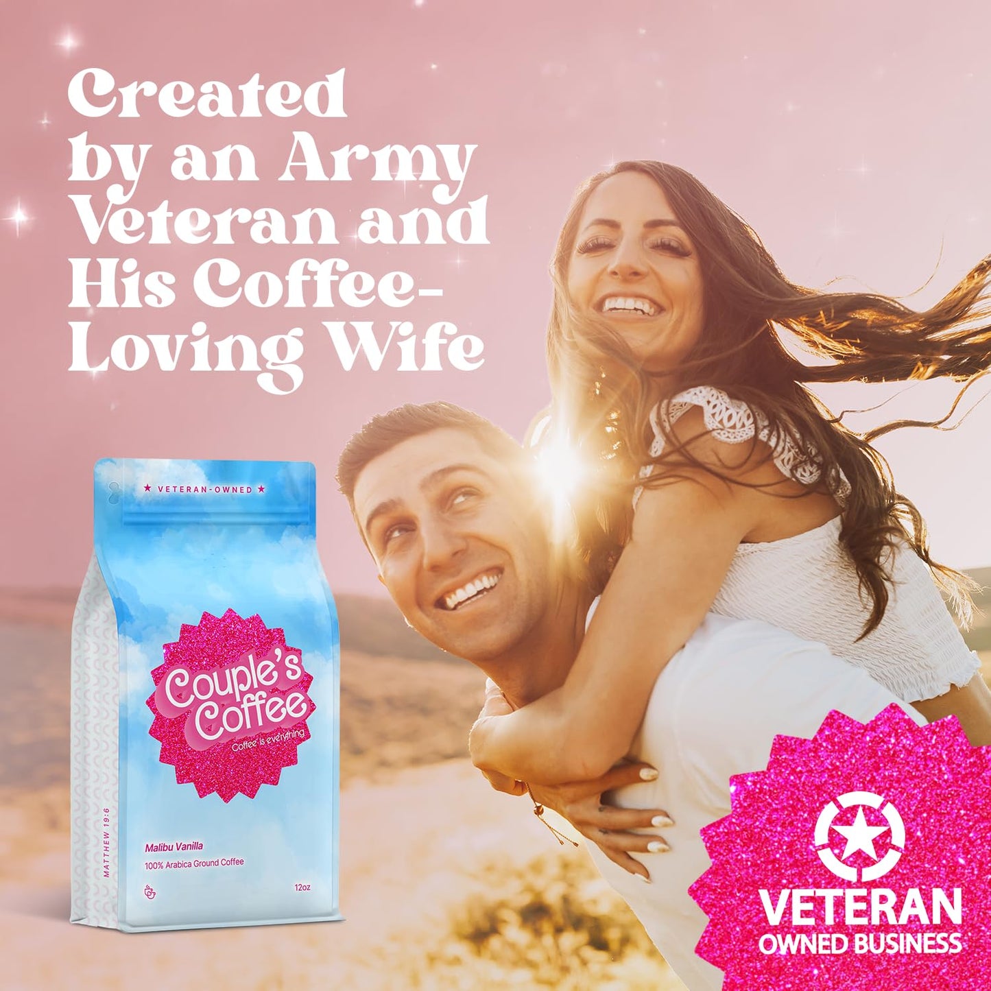 Couple's Coffee Vanilla Coffee Grounds | Malibu Vanilla Flavored Coffee | Pink Coffee Gifts for Women | Gives Back to Military Families | Medium Roast Made with 100% Arabica Beans | 12oz