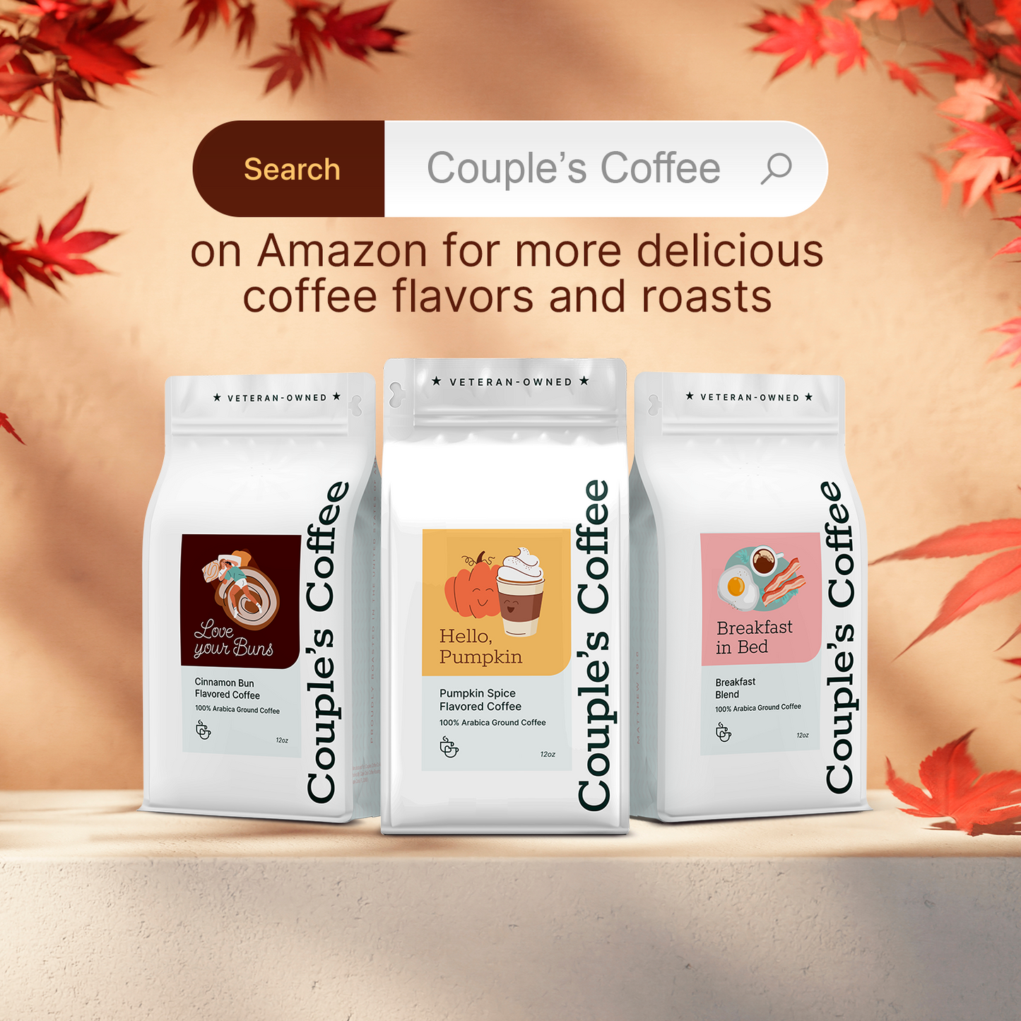 Couple’s Coffee Flavored Ground Coffee | Medium Roast Pumpkin Spice Fall Coffee | Gives Back to Military Families | Hello Pumpkin | Made with 100% Arabica Beans | 12oz bag