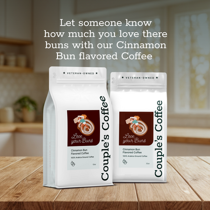 Couple’s Coffee Flavored Ground Coffee | Medium Roast Cinnamon Bun Flavored Coffee | Gives Back to Military Families | Love Your Buns | Made with 100% Arabica Beans | 12oz bag