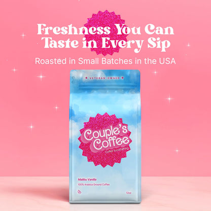 Couple's Coffee Vanilla Coffee Grounds | Malibu Vanilla Flavored Coffee | Pink Coffee Gifts for Women | Gives Back to Military Families | Medium Roast Made with 100% Arabica Beans | 12oz