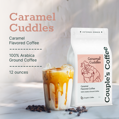 Couple’s Coffee Flavored Ground Coffee | Caramel Flavored Coffee | Gives Back to Military Families | Caramel Cuddles | Made with 100% Arabica Beans | 12oz